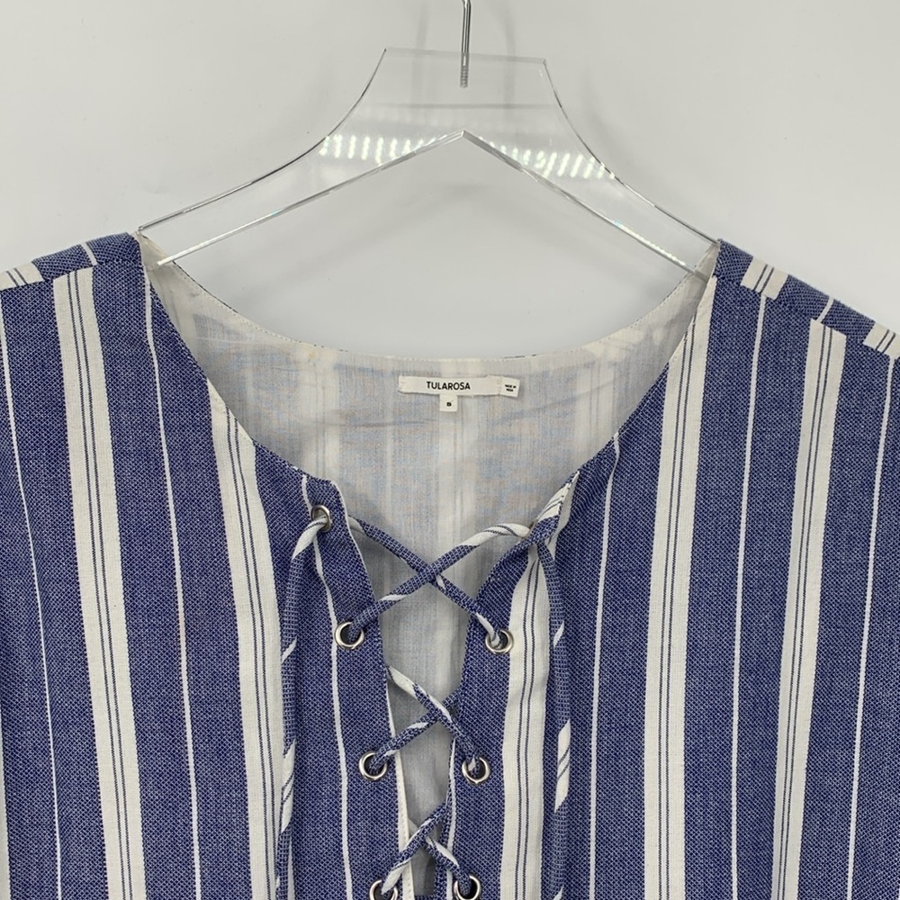 Tularosa Warren striped mini dress cotton lace-up tassels blue white cotton S - Picture 3 of 5